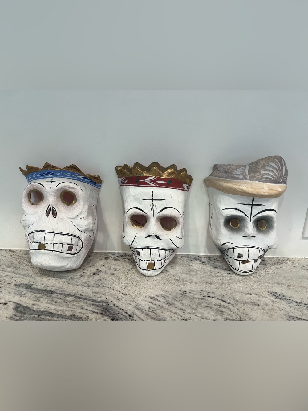 3 Hand-Painted vintage paper mache skull masks